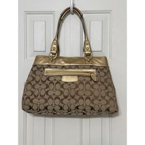 Coach Monogram Canvas Leather Trim Tote‎ Shoulder Handbag Gold Accents